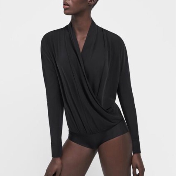 NEW WOLFORD Bodysuit Shannon Faux Wrap in Black Shiny Draped Front Full Back XS - Picture 1 of 9